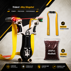 Black Trident Alloy Slingshot with 0.75mm Rubber Band Set & 250 Mud Balls MARKSMAN