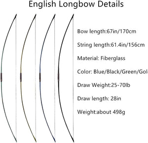 67 Inch Archery Traditional Longbow 25-120Lbs Recurve Bow Hunting English Longbow for Right Hand Left Hand Adult Outdoor Sports