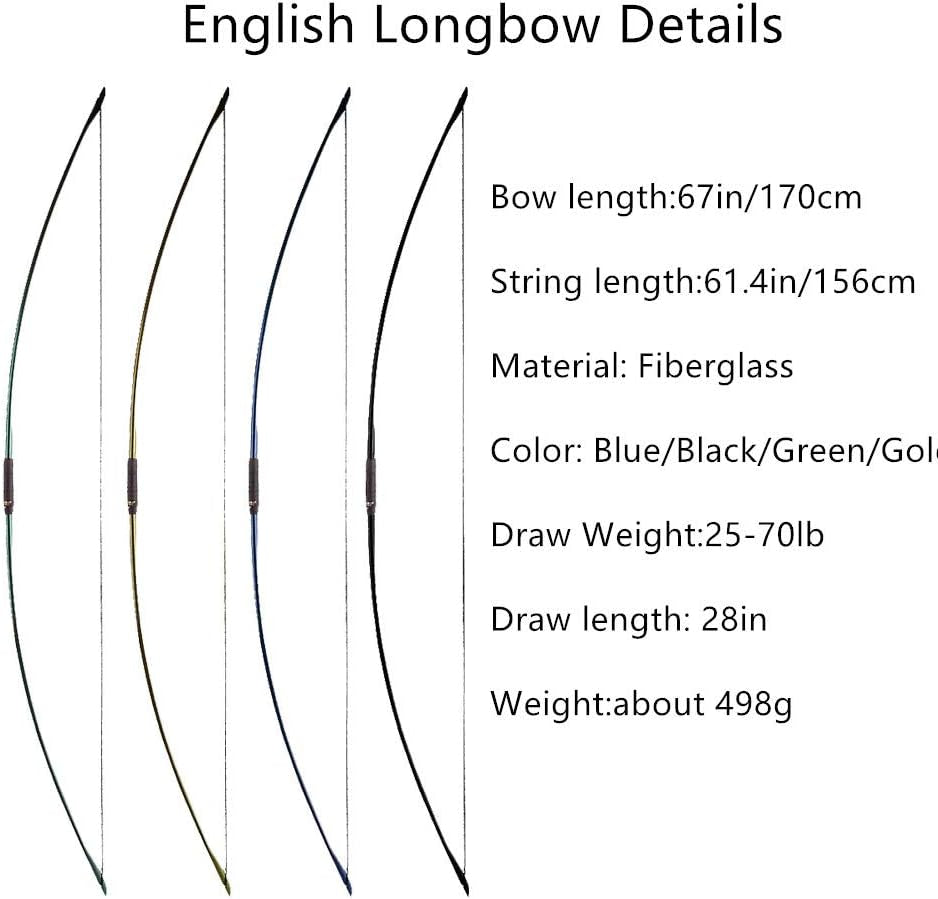 67 Inch Archery Traditional Longbow 25-120Lbs Recurve Bow Hunting English Longbow for Right Hand Left Hand Adult Outdoor Sports